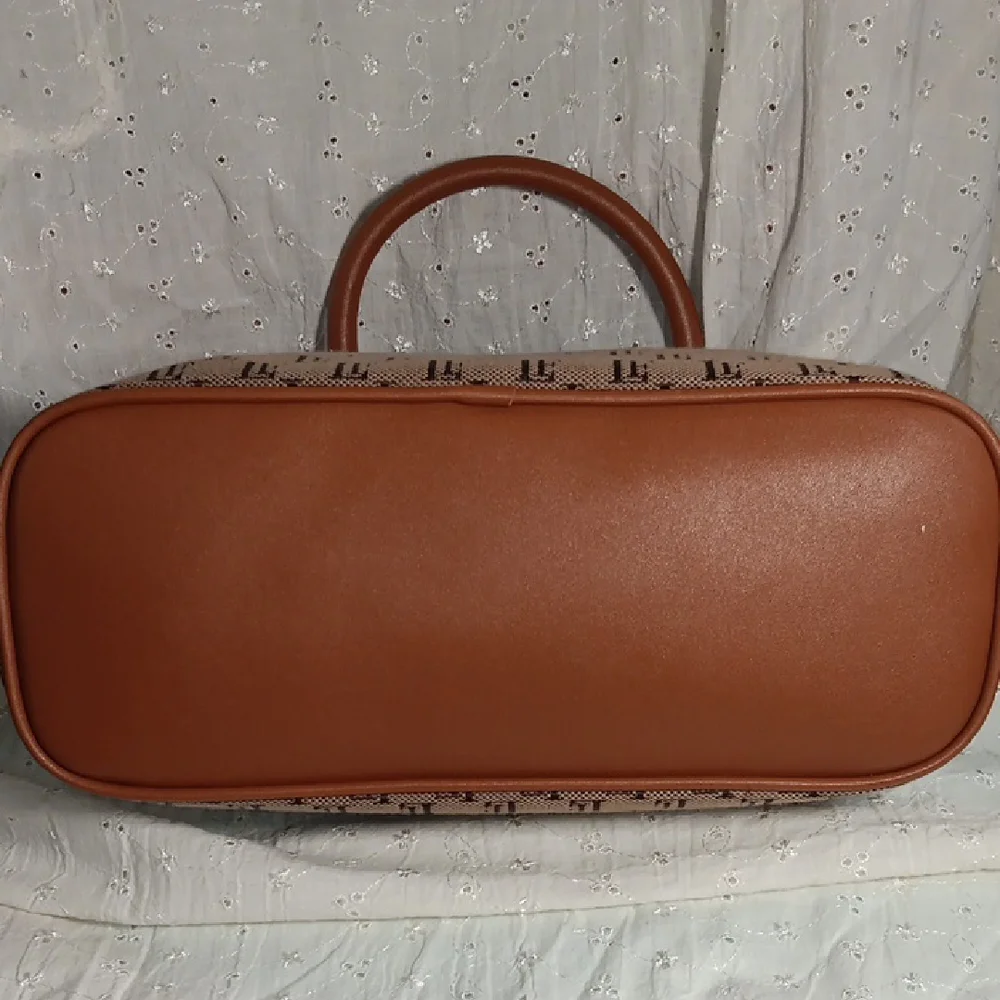 Brown Patterned Tote Bag with Tan Trim